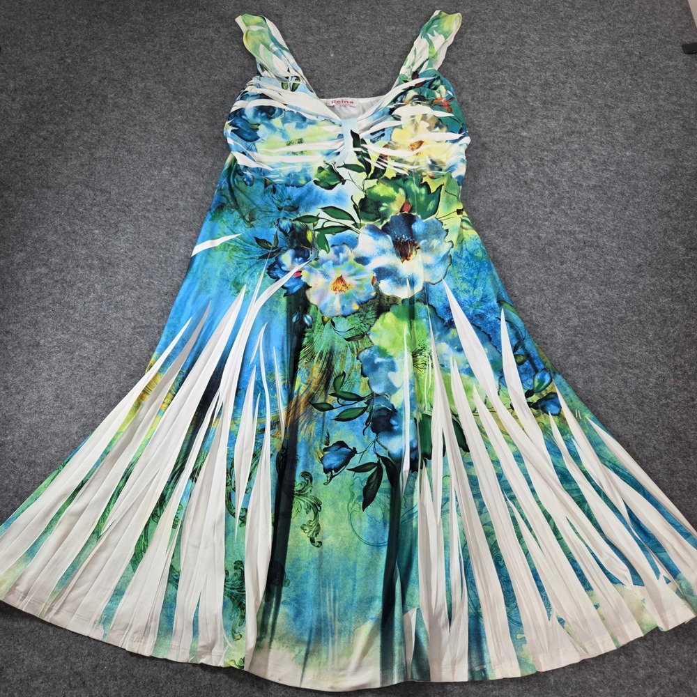 Reina Dress Size Small Y2K Floral Fit Flare Midi Sundress Blue Green Made USA